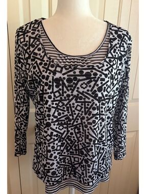 Ruby Rd XL Black White Geometric Top Striped Trim 3/4 Sleeve